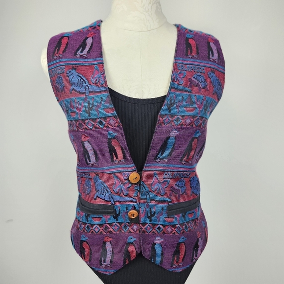 Vest Vintage Woven Tapestry Wool Cotton Galapagos Tortoise Penguin Iguana Size M - Picture 2 of 12